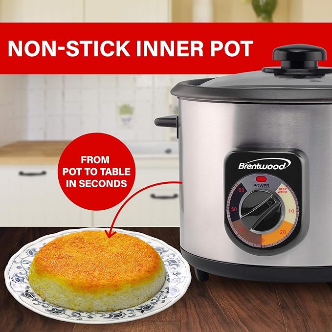 BRENTWOOD Crunchy Persian Rice Cooker, Stainless Steel (8-Cup Uncooked/16-Cup Cooke), silver (TS-1216S)