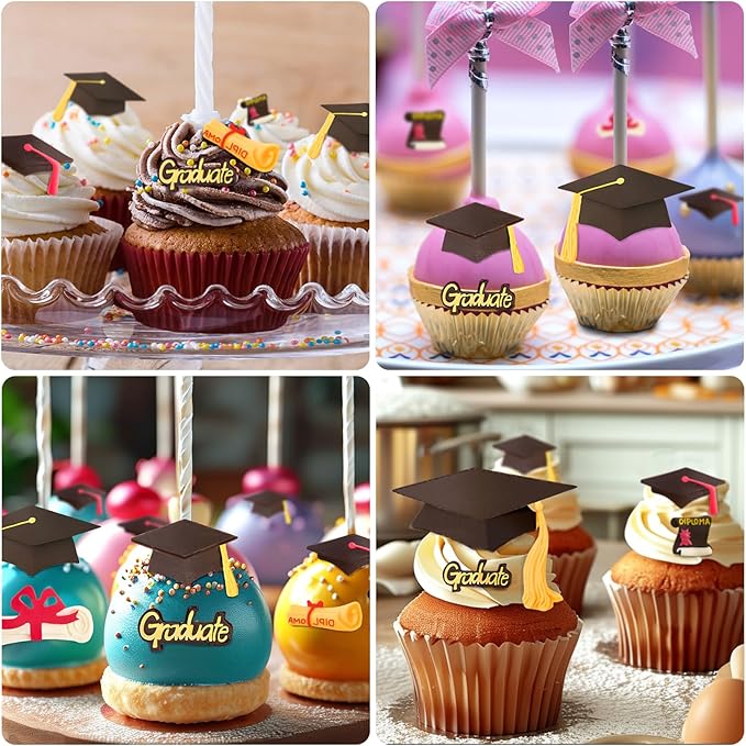 4 PCS Graduation Chocolate Fondant Molds, Silicone Graduation Cap Diploma Candy Molds for Cake, Cupcake Decorations, Graduation Party Supplies