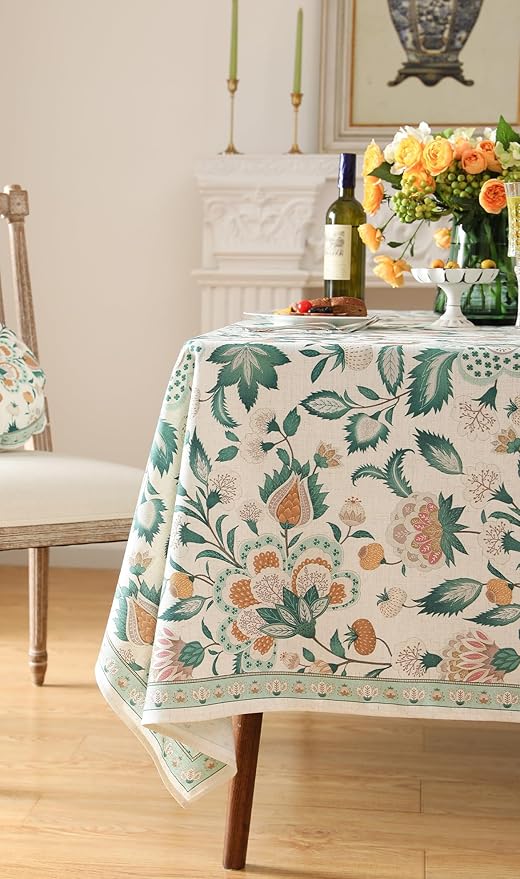 patdrea Designer Green Rectangle Table Cloth,Vintage Italian Floral Country Linen Breathable Tablecloth,Decor Cover for Kitchen Dining,Christmas,Tea Party,Thanksgiving,63"x94"-Tree Life