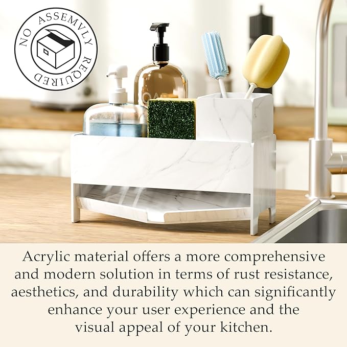 Sponge Holder for Kitchen Sink, Acrylic Sink Caddy Organizer with Removable Brush Holder, Countertop Soap Dispenser Organizer with Marble Texture, Kitchen Organizers Storage, White