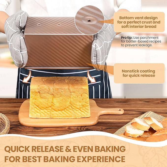 Yupjlia Pullman Loaf Pan with Lid, Premium 1 lb Dough Sandwich Nonstick Bread Pan with Lid for Homemade Bread, Heavy Duty Carbon Steel Corrugated Pullman Toast Box with Cover for Baking, Bakeware