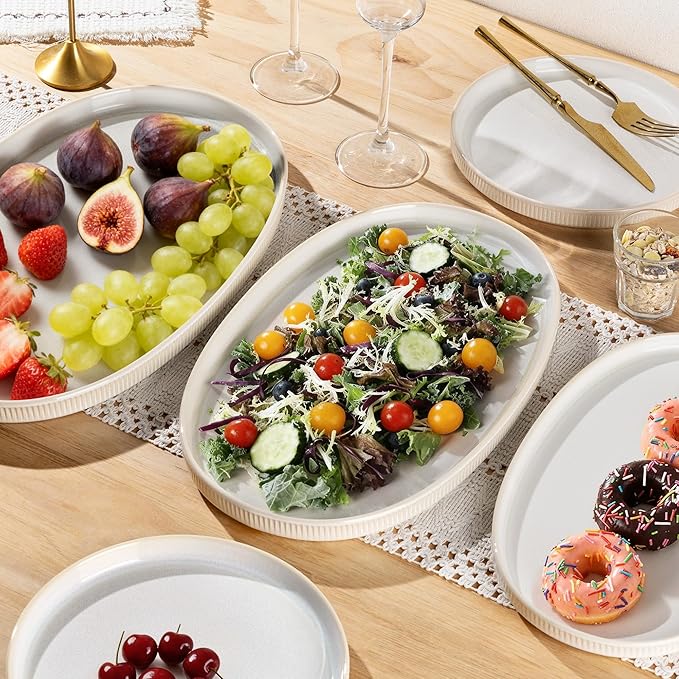 theterra Ceramic Serving Platter, 15.6"/14.4"/12.2" Oval Serving Dishes for Entertaining, Oven Safe, Microwave Safe, Serving Plates Set of 3 for Wedding, Party, Turkey, Reactive White