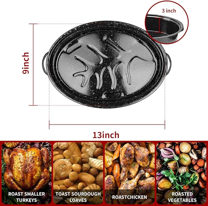 DIMESHY 16Inch Roasting Pan, Enamel on Steel, Black Covered Oval Roaster Pan with Lid, Medium Cookware for Turkey, Small Chicken, Roast Baking Pan.