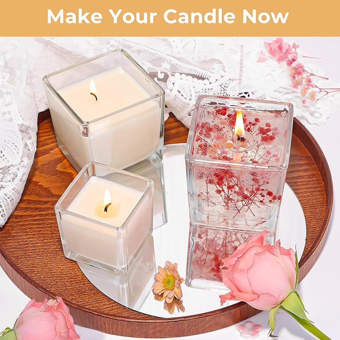 CONNOO 12 Pack 9oz, 3oz Clear Square Candle Jars for Making Candles, Thick Glass Bulk Empty Candle Containers with Airtight Bamboo Lids for Candle Making, Sticky Warning Labels - Dishwasher Safe