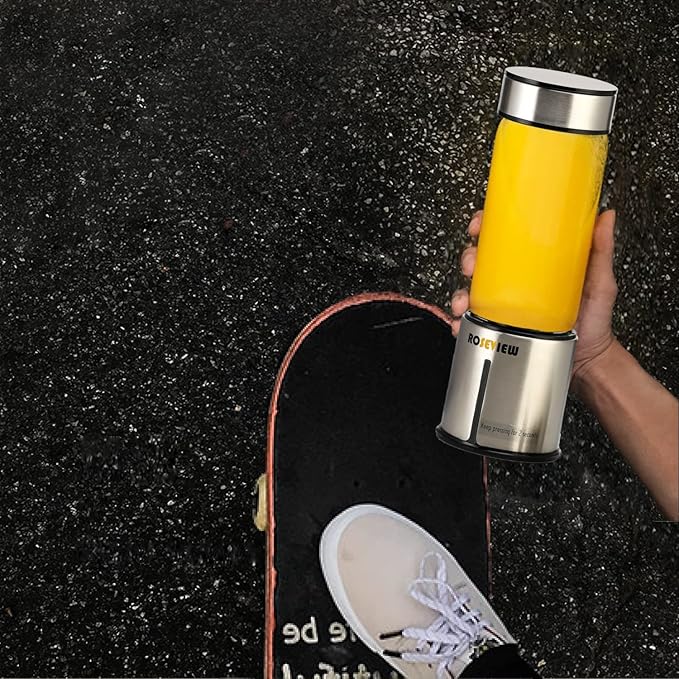 Portable Smoothie blender ROSEVIEW Glass bottle USB rechargeable mini Handheld Ice Shakes Cup 2 speed blend juicer Cordless Personal smoothies maker Fruit mixer (Metallic)