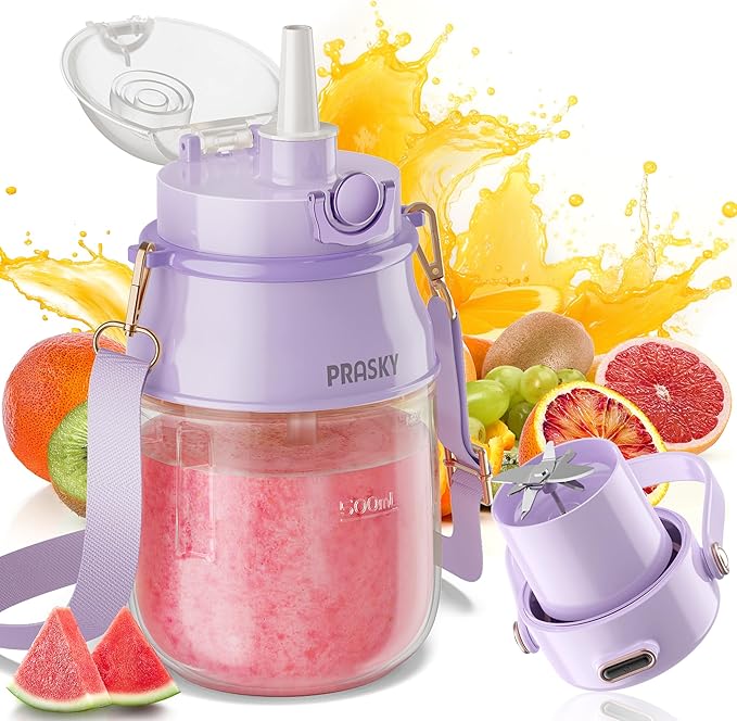 Portable Blender, Prasky Personal Blenders for Shakes and Smoothies with 27oz Cup, Lid and Shoulder Strap, Type-C USB Rechargeable, Personal Size Blenders BPA-free for Travel/Kitchen (Purple)