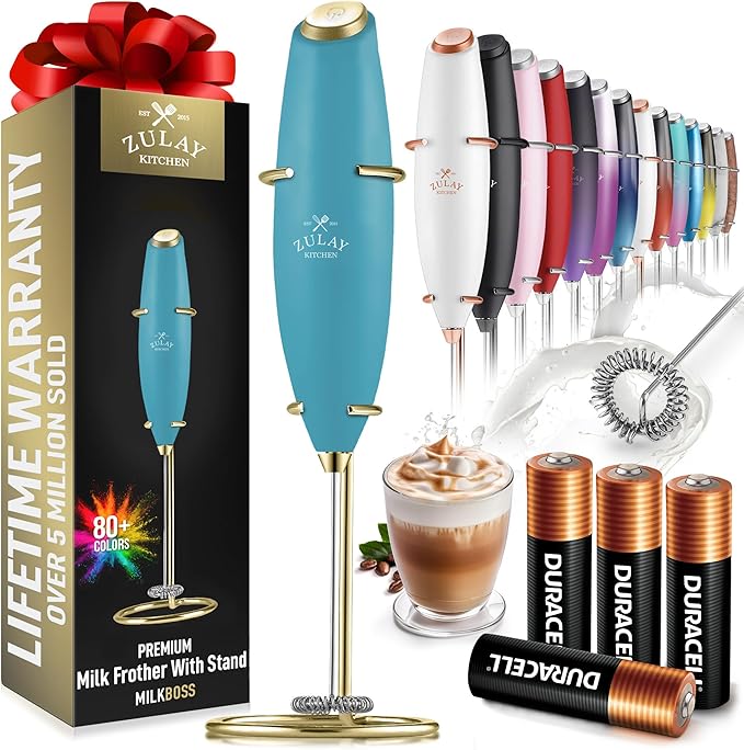 Zulay Kitchen Powerful Milk Frother Wand With 4 AA Duracell Batteries - Ultra Fast Handheld Drink Mixer - Electric Whisk Foam Maker for Coffee, Lattes, Cappuccino, Matcha & Creamer - Lake Gold
