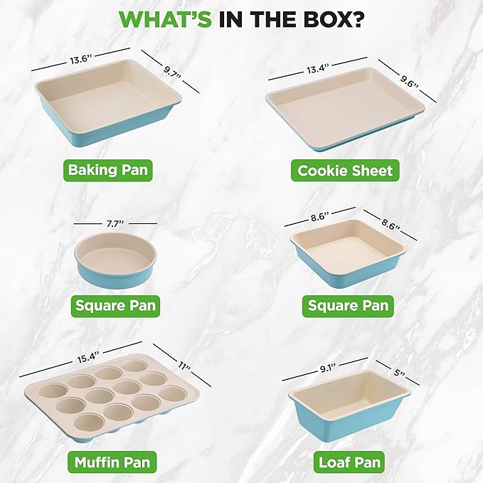 NutriChef 6-Piece Baking Pan Set, Premium Carbon Steel Bakeware with Durable Ceramic Non-Stick Coating - Includes Wide Baking Pan, Medium Size Cookie Sheet, Muffin Pan, Cake & Loaf Pan - Turquoise