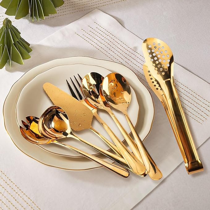 XEVOM Gold Serving Utensils Set, 12 Pack Polished Stainless Steel, Includes Spoons, Forks, Tongs, Ladle, Cake Server (Gold)