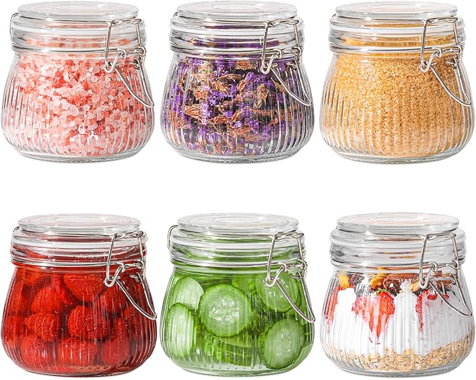 ComSaf 6-Pack 17oz Ribbed Glass Storage Jars with Airtight Clamp Lids, Decorative Wide Mouth Pint Canisters for Jam, Spices, Nuts, Snacks - Ideal for Kitchen Pantry and Drawer Organization