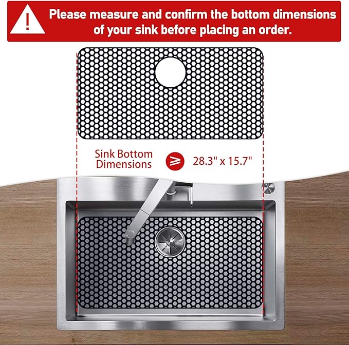 Bestjing Silicone Sink Protectors for Kitchen Sink with Rear Drain - 28.3"x 15.7" Kitchen Protector Accessory, Non-Slip Heat Resistan Mat for Bottom of Farmhouse Stainless Steel (Rear Hole, Black)