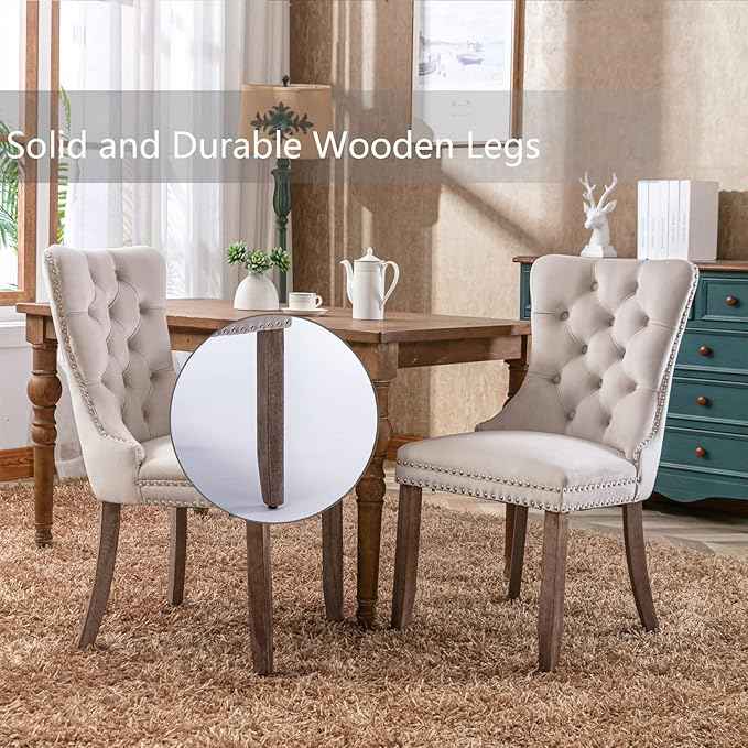 Beige Velvet Dining Chairs Set of 2, Upholstered Dining Room Chairs with Back Ring Pull Trim and Solid Wood Legs, Tufted Wingback Kitchen Chairs for Dining Room,Living Room,Kitchen(Beige)