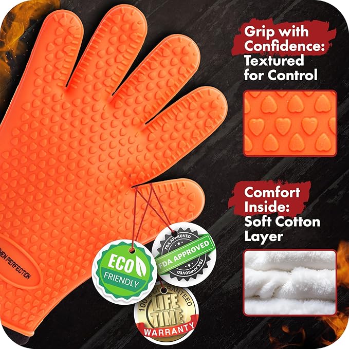 Kitchen perfection XL Silicone Smoker Oven Gloves-Extreme Heat Resistant BBQ Gloves-Handle Hot Food Right on Your Grill Fryer&Pit|Waterproof Grilling Cooking Baking Mitts|Superior Value Set+3 Bonuses
