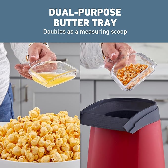 West Bend Air Crazy Series Hot Air Oil-Free Popcorn Popper Machine Features One-Touch Operation with Built-In Measuring Cup and On-Board Cord Storage, 4-Quart, in Red