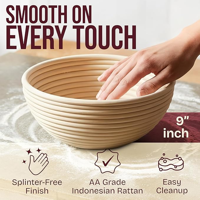 Superbaking Sourdough Starter Kit, 9" Splinter-Free Banneton Bread Proofing Basket Set with Non-Stick Silicone Dough Sling & Glass Starter Jar Kit, Sourdough Bread Baking Supplies, Sourdough Tools