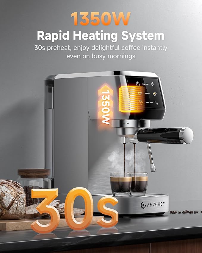 AMZCHEF 51mm Coffee Espresso Machine 20 Bar – Professional Coffee Maker with Milk Frother, Compact Stainless Steel Espresso Maker for Cappuccino, Latte, Mocha, 44oz Water Tank