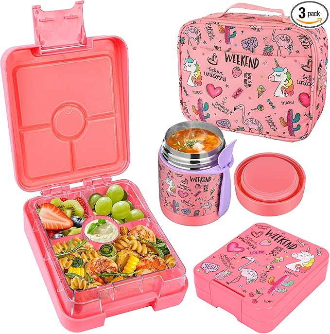 Pawtong Bento Lunch Box Set With 10oz Soup Thermo, Leak-proof Lunch Containers with 4 Compartment, Kids Hot Thermo Food Jar/Insulation Lunch Bag, Food Containers for School（Flamingo）