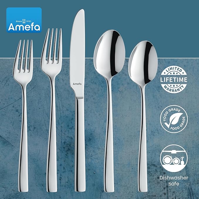 Amefa 45-Piece Flatware Cutlery Set, Service for 8 - Dishwasher Safe 18/10 Stainless Steel, High Gloss Mirror Finish & Ergonomic Design, Complete Silverware Collection - 5-Piece Serving Set (Martin)