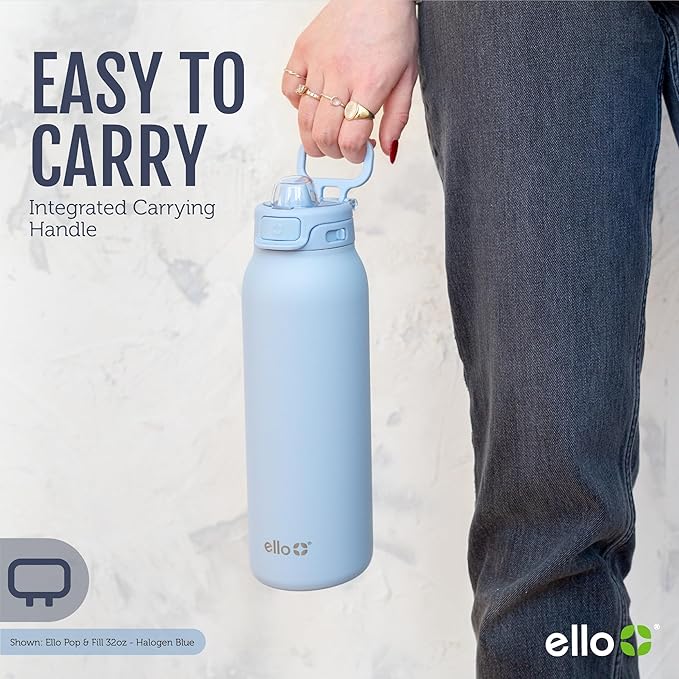 Ello Pop & Fill 22oz Stainless Steel Water Bottle with QuickFill Technology, Double Walled and Vacuum Insulated Metal, Leak Proof Locking Lid, Straw and Chug, Reusable, BPA Free, Take a Bow
