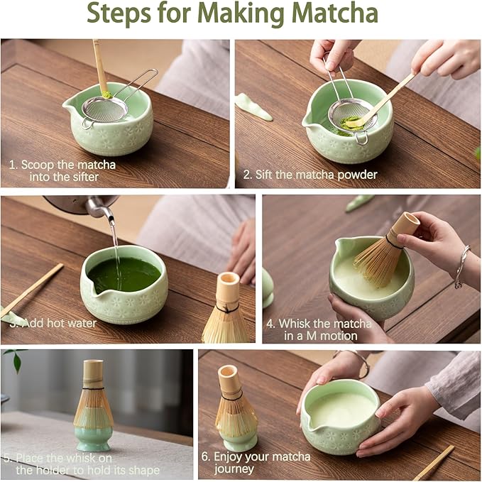Buucup Matcha Whisk Set, Ceramic Matcha Kit Set Includes Matcha Bowl, Matcha Whisk and Holder, Bamboo Scoop, Scoop Rest, Sifter and Tea Towel - 7 Pcs Matcha Kit for Matcha Lovers (Green)