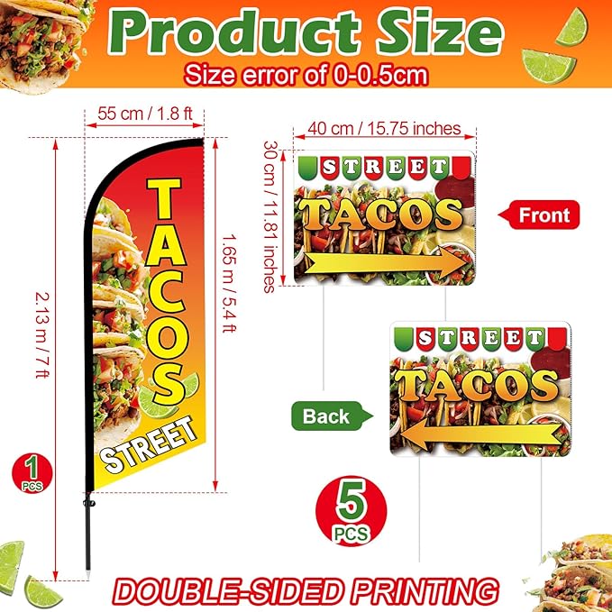 Tenceur 6 Pcs Tacos Burritos Feather Flag Kit, 1.8×5.4ft Tacos Windless Feather Banner Flag, 5 Yard Signs with Pole and Ground Stake for Restaurant Outside Store Business Markets