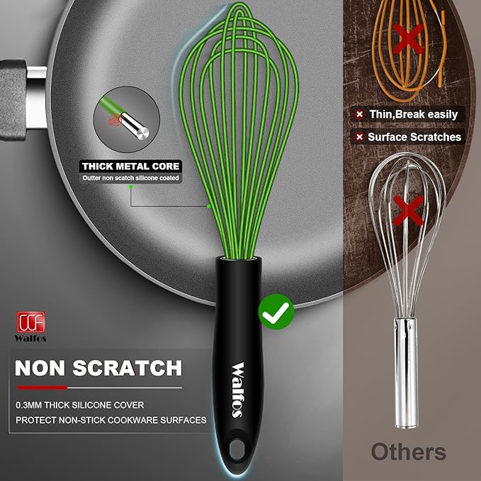 Walfos Silicone Whisk, Rubber Whisks for Cooking, Baking (11,9,8.5 inch) - Heat Resistant Kitchen Whisks for Non-stick Cookware, Balloon Egg Beater Perfect for Blending, Whisking, Beating, Frothing