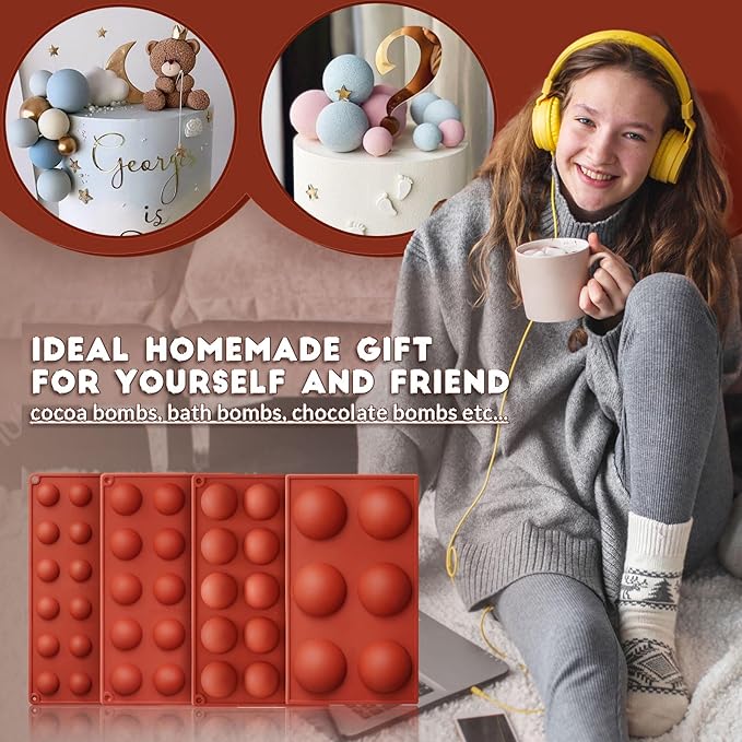 HKNMTT Hemisphere Silicone Molds 4 Size Set for Hot Cocoa Chocolate Bombs Valentines Semi Ball Making Kit Cake Decor Mould, Food Grade Non-stick Kitchen Baking Supplies Oven Safe