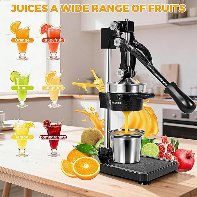 Cast Iron Juicer, Manual Citrus Press, Heavy Duty Hand Press Fruit Squeezer with Stable Base & Maximum Juice Yield for Orange Lemon Lime Pomegranate, Black