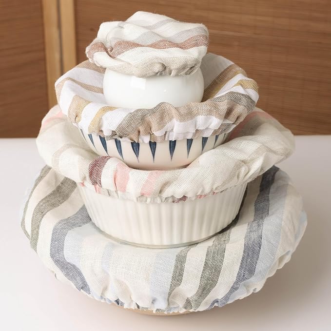 100% Linen Bowl Covers Reusable For Bread Proofing, 4 Pcs Elastic Cloth Fabric Colorful Stripe Bowl Covers, 5.9*7.9*9.8*11.8 Inches, Colorful 1