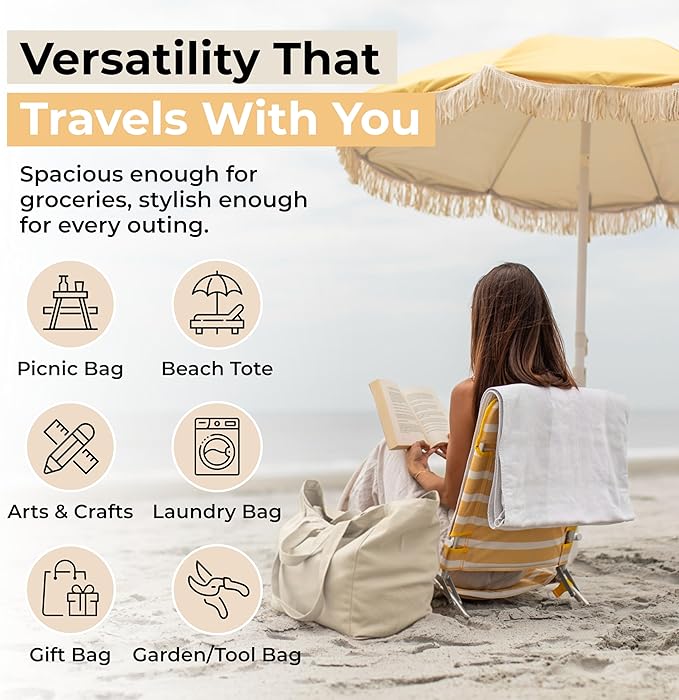 VeraMia Canvas Grocery Bag 3pc XL Set with Real Pockets, Long Shoulder Strap and Short Handle. Heavy Duty, Foldable, Washable