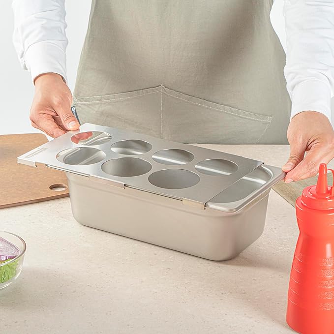 Restaurantware Squeeze Bottle Template Pack of 1 Stainless Steel 7 Hole Holder Top, 2.5" and 2.93" Diameter Fits 1/3 Size Food Pans, Dishwasher Friendly Integrated Lip Design Holder Top