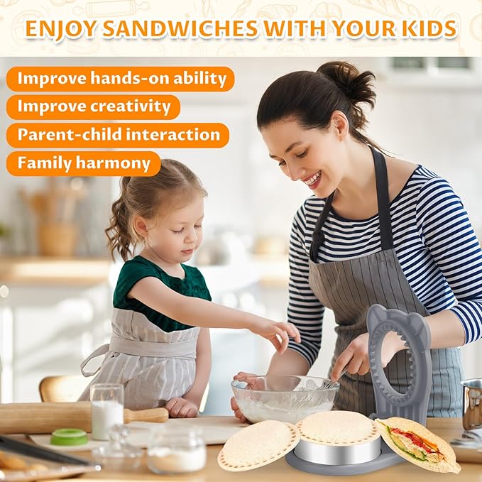 CHICHAUS Uncrustable Sandwich Maker,Sandwiches Pocket Circle Shape 3.7Inch Sandwich Cutter and Sealer,Sandwich Cutter for Kids Breakfast and lunchboxes (grey)