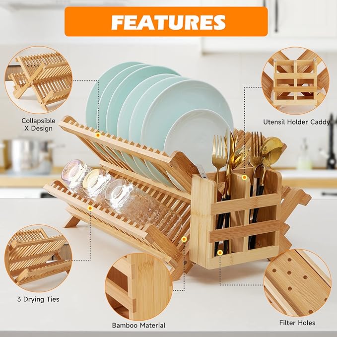 Bamboo Dish Drying Rack, 3-Tier Collapsible Wooden Dish Rack with Utensil Holder, Bamboo Dish Drainer Rack for Kitchen Counter 25pcs