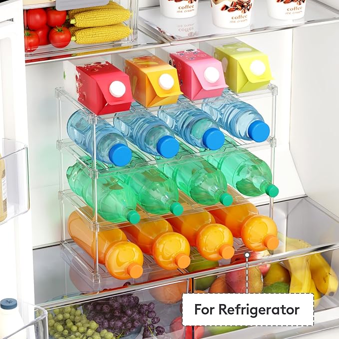 Lifewit Stackable Bottle Storage Organizer, Clear Freestanding Wine Holder for Cabinet, Large Slot Water Bottle Tumbler Organizer for Pantry, Plastic Wine Rack for Fridge Cellar, 4Tier Hold 16