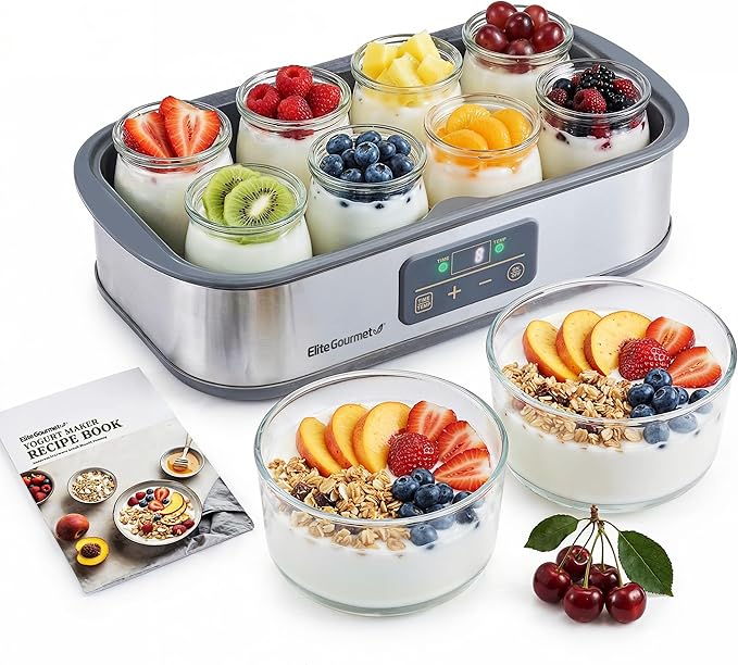 Elite Gourmet ProBioticPRO™ Digital Yogurt Maker, Programmable Temp & Time Control (68–127°F), Includes 8 Glass Jars (6 oz) + 2 Large 1-Qt Bowls, Stainless Steel, Auto Shut-Off
