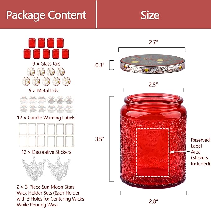 Art Secret 9-Pack 8oz Embossed Glass Candle Jars with Lids and Labels - Sun Moon Stars Design (Red)