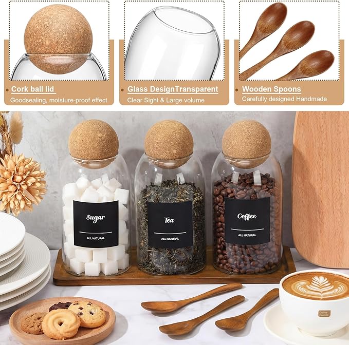 Suclain 3 Pcs Glass Coffee Storage Jar with Ball Cork Lid Wooden Spoon Shelf Labels Airtight Round Bottle Jar Food Storage Canister Set for Sugar Spice Coffee Bean Holder Candy Gift(27oz)
