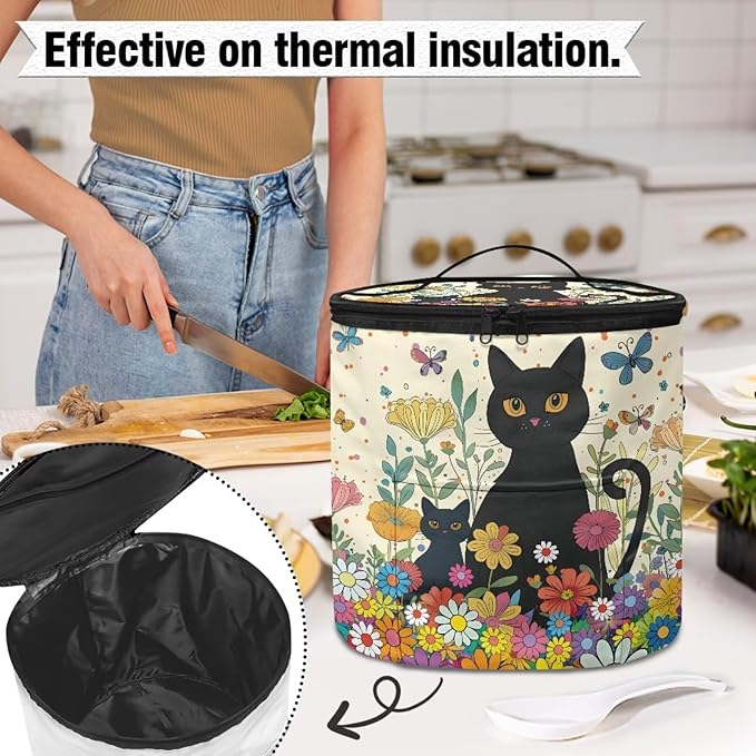 Black Cat Electric Pressure Cooker Insulation Bag Hippie Flower Insulation Electric Cooker Storage Handbag for Housewarming
