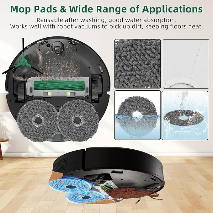 26 Pack Replacement Kits for irobot Roomba Plus 405 Combo & 505 Combo Vacuum Cleaner, 2 Roller Brush, 6 Filters, 6 Side Brush, 6 Mop Pads, 6 Vacuum Bags Replacement Parts, 1 cleaning brush