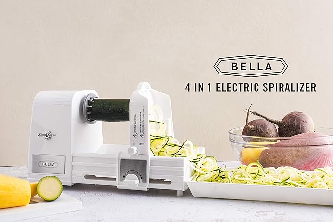 BELLA 4-in-1 Automatic Electric Spiralizer & Slicer, Quickly Prep Healthy Veggie or Fruit Spaghetti, Noodles or Ribbons, Easy To Clean, Recipe Book Included, White, 14641