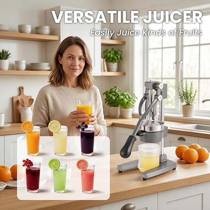 Cast Iron Juicer Manual Hand Press Squeezer for Citrus & Pomegranate – Easy to Clean Metal Juice Press with Stainless Steel Bowl, Ideal for Home Cooks, Health Enthusiasts, and Bartenders