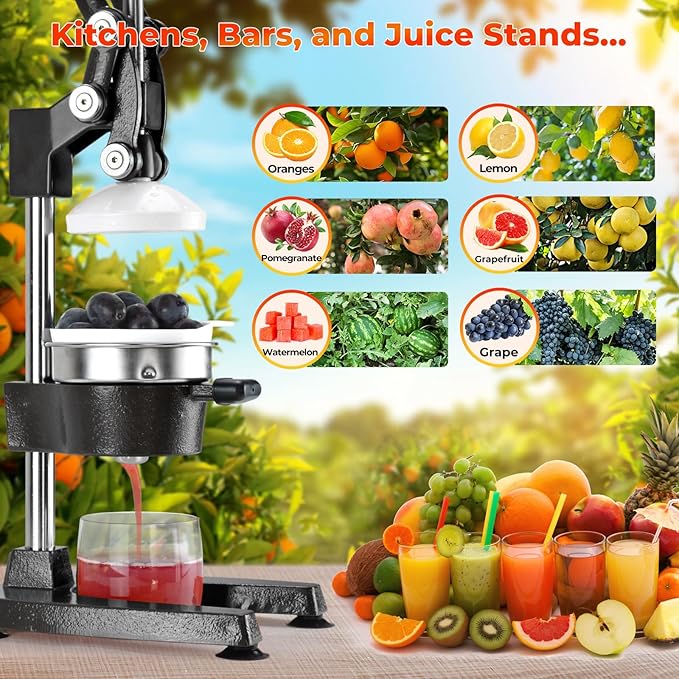 ROEDEER Heavy-Duty Manual Citrus Juicer – Cast Iron Orange Juicer Squeezer, Dual-Die Head, Manual Juicer, Citrus Squeezer, Lemon Juicer Manual & Pomegranate Juicer for Fresh Juice (Black)