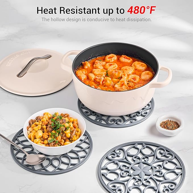 SMARTAKE 3 Set Silicone Trivet Mats, Multi-Use Carved Trivet Mat, Insulated Non-Slip Durable Kitchen Mats, Flexible Modern Kitchen Table Mat, for Hot Dishes, Pots, Dining Countertop, Grey, STM413H