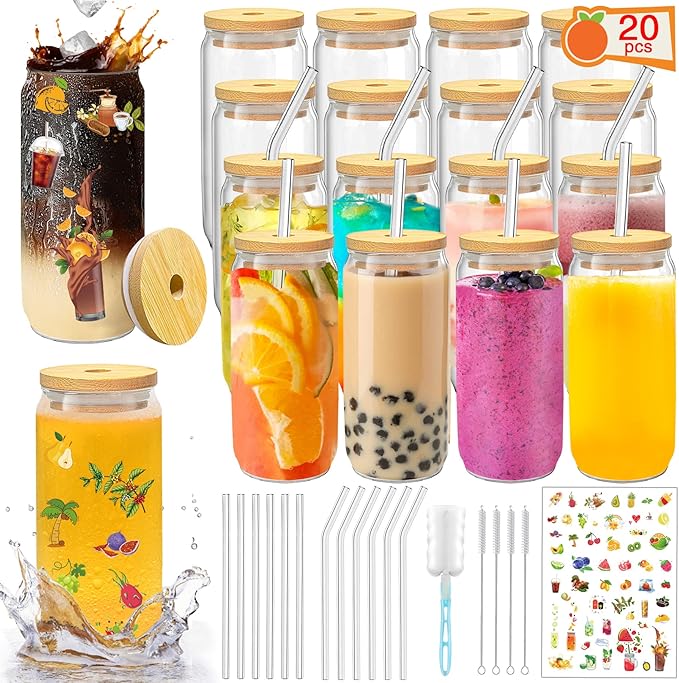 PeacePeo Glass Cups with Lids and Straws 20 Pcs 16 oz Ice Coffee Cup Skinny and Long Can Beer Cups Set Drinking Glasses with Bamboo Lids Reusable Glass Cups Ideal for Smoothies & Beverages