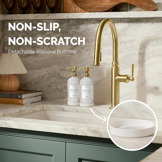 Vine Creations White Glass Soap Dispenser, 2 Pack Kitchen Soap Dispenser Set with Stainless Steel Pump, 16 oz Dish Soap and Hand Soap Dispensers for Bathroom with Waterproof Labels