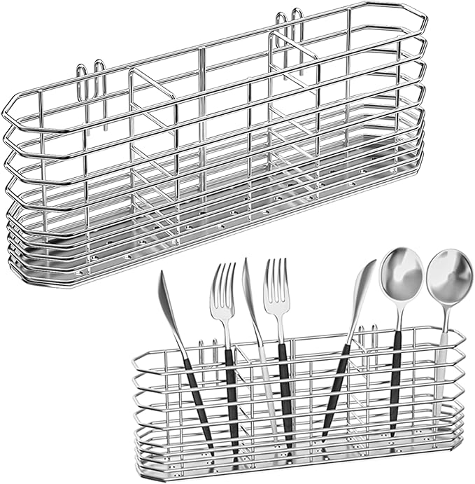 NiuYichee 304 Stainless Steel Utensil Holder, Dish Drying Rack, kitchen Utensil Organizer, Knife and Fork Drainage Rack, Kitchen Drainage Basket Accessories, With Hooks, Rust Proof, Color-Silver