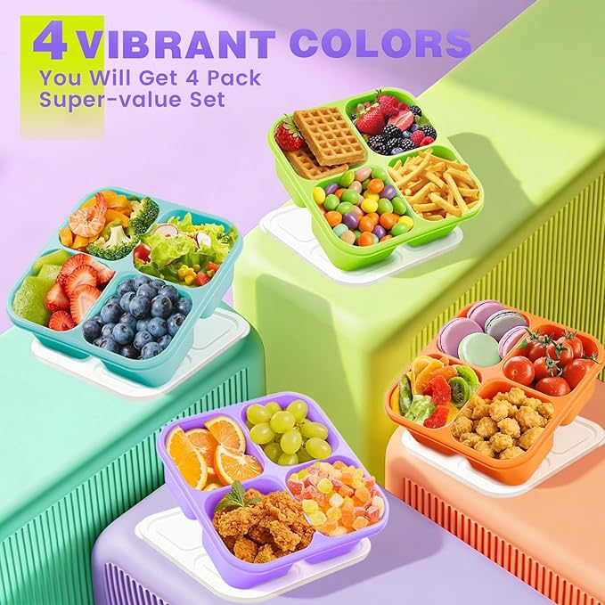 4 Pack Snack Containers Bento Box Adult Lunch Box,Meal Prep Container, Reusable Food Storage lunch Containers Stackable for Work, Travel and Gym (Orange, Green, Purple, Grass Green)
