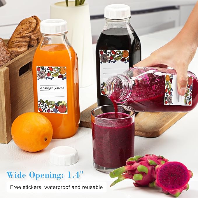 Syntic Square Liter Glass Milk Bottles with Airtight Lid - 100% Leak-Proof Heavy Duty Screw Cap, 32 Oz Glass Juice Bottles w Scale Mark, Reusable Jugs Pitcher for Homemade Juice(Extra 1 Lid and Pen)