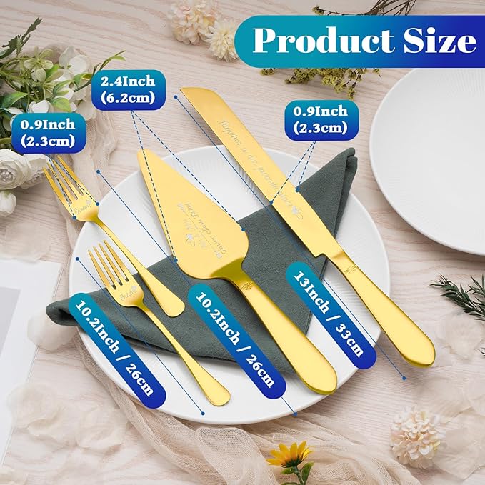 Eisinly Cake Cutting Set for Wedding, Elegant Cake Knife and Server Set with Stainless Steel Forks, Cake Cutter and Pie Spatula for Couples Wedding Registry, Engagements, Anniversary, 4 Pcs, Gold