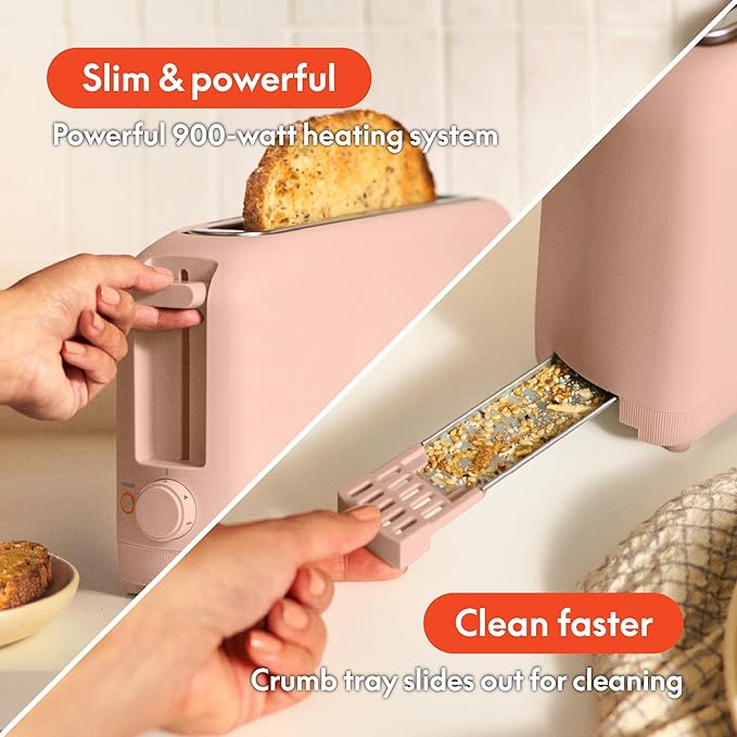 bella 2 Slice Slim Toaster, Fits-anywhere™ Kitchenware, 6 Setting Shade Control with Reheat & Cancel Buttons, Fits sourdough, 10” Long Slot, Anti Jam & Auto Shutoff, 900 Watt, Blossom